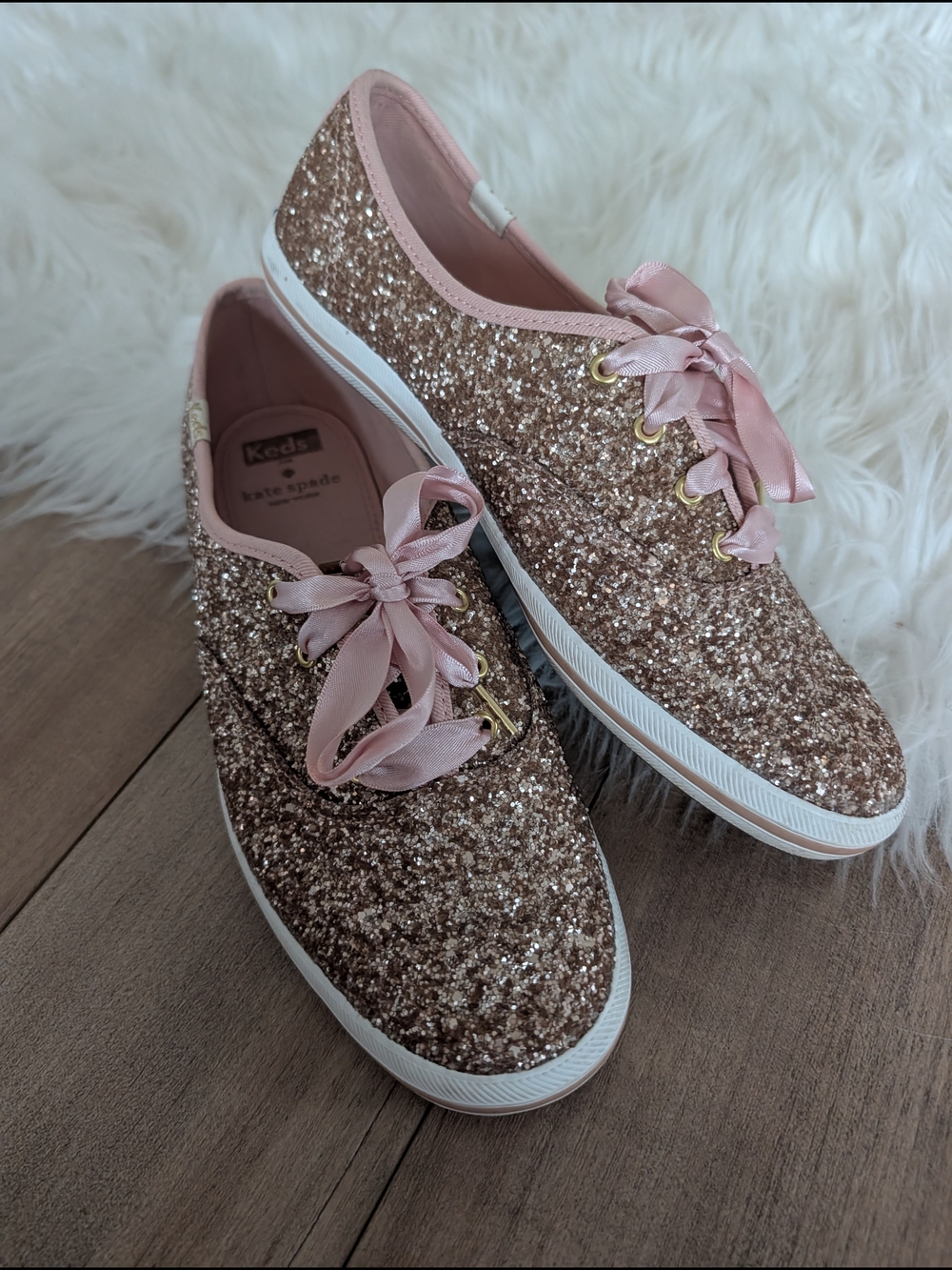 kate spade x Keds Pink Rose Gold Glitter Lace-Up Flats
